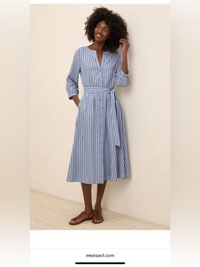 NWOT Pact 100% Organic Cotton Blue Striped Tie-Waist Midi Dress